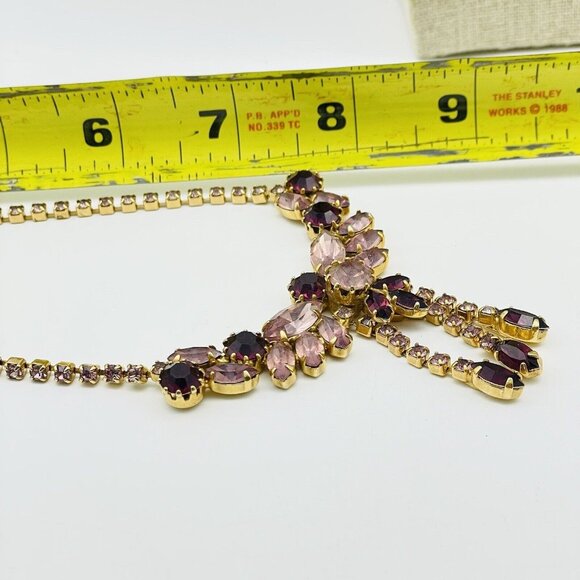 Pink Purple Rhinestone Choker Necklace Gold Tone Glam Bling Sparkle Holiday Gift - Picture 7 of 8
